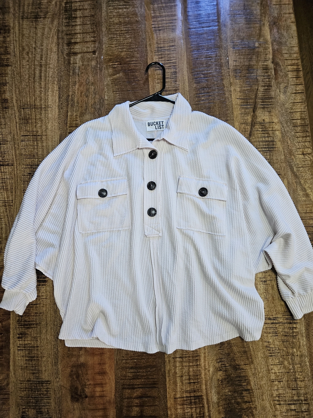 BUCKETLIST Cream Ribbed Button-Front Pocket Shirt Jacket Oversized Smsll